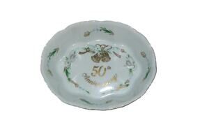 Vtg Lefton 50th Anniversary Scallop Porcelain Trinket Bowl Gold Bell Bird Floral